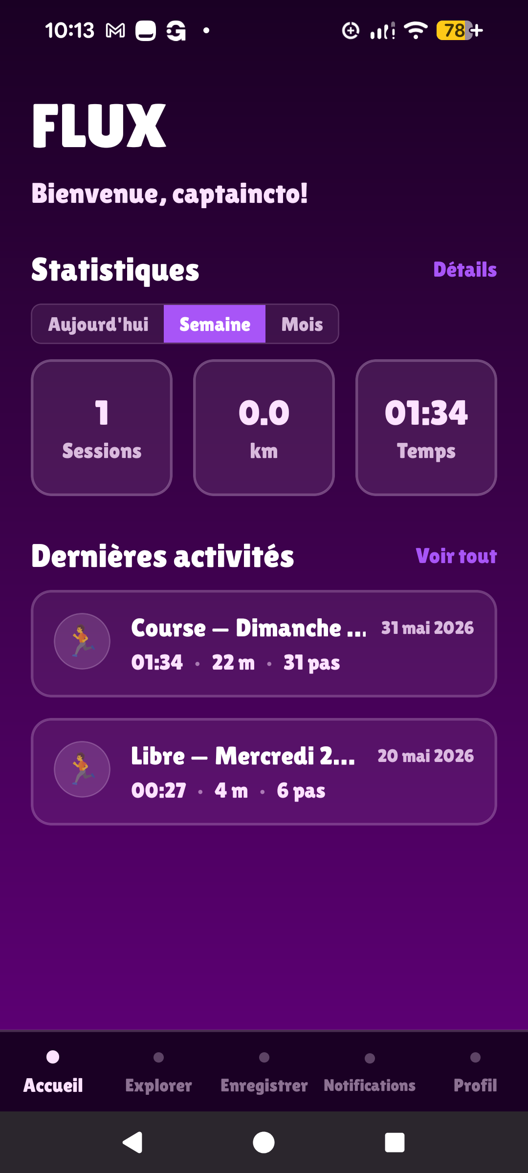 Flux home screen showing weekly stats and recent activities