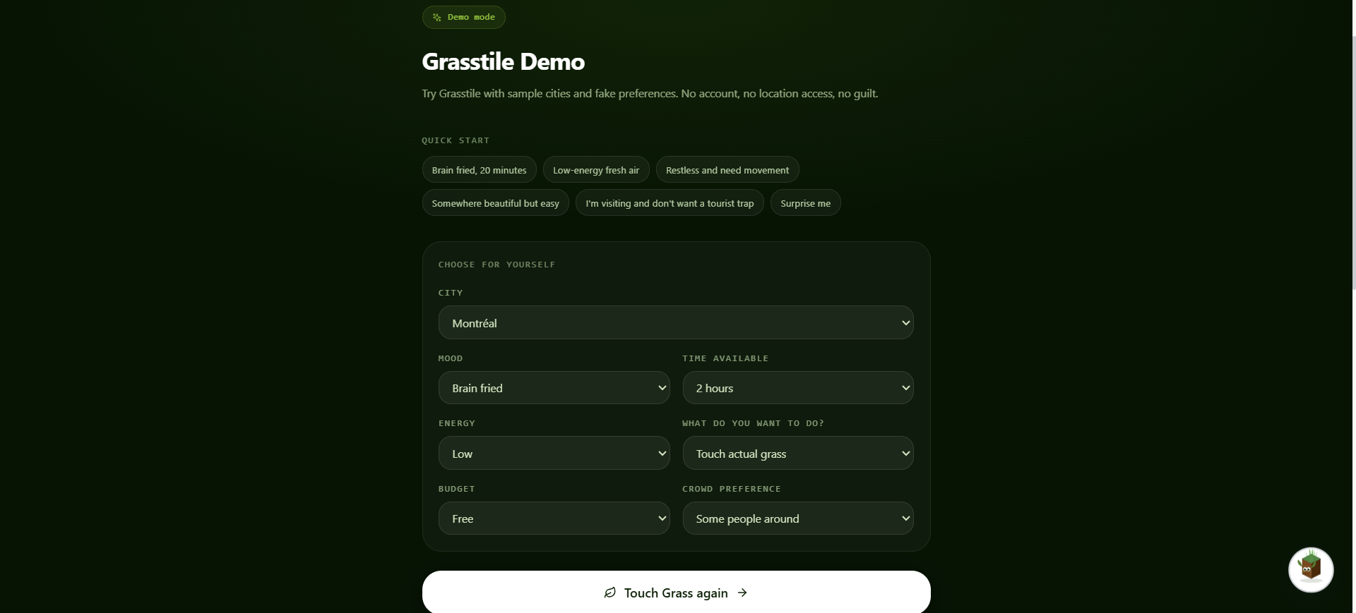 Grasstile demo input: city, mood, energy, budget