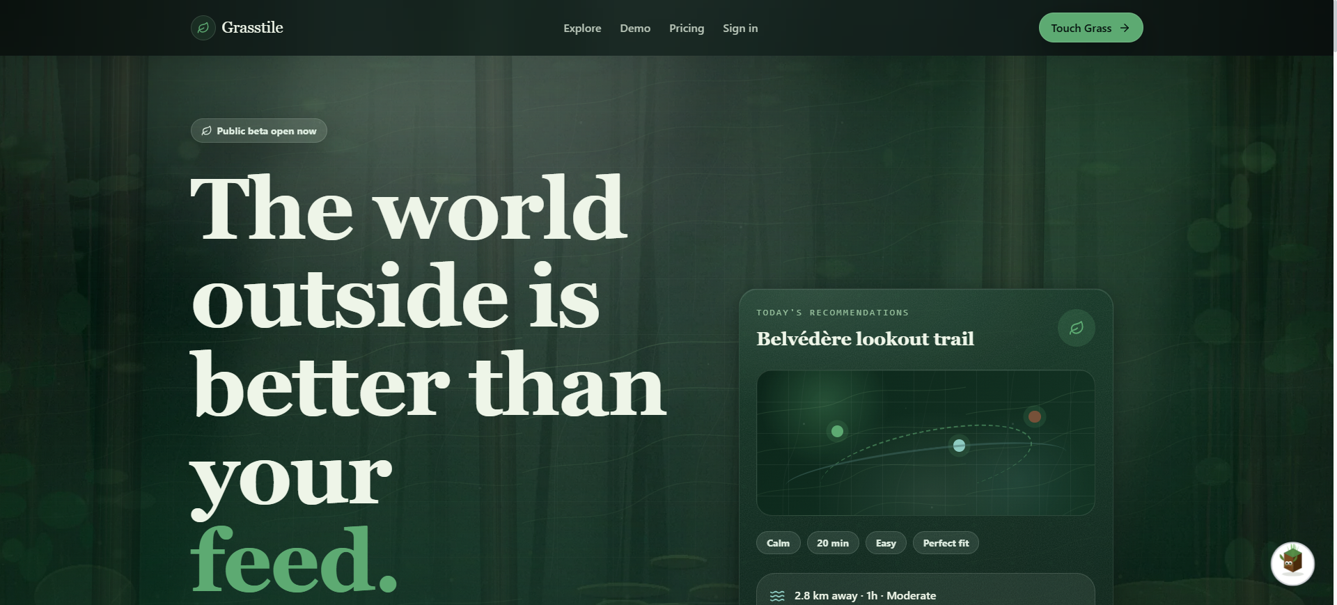 Grasstile landing page: the world outside is better than your feed
